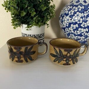 Beautiful pair of Brown Leaf floral Vintage Otagiri stoneware coffee mugs